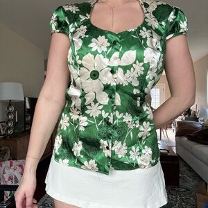 Studio Y Green Satin Floral Button-Up Top